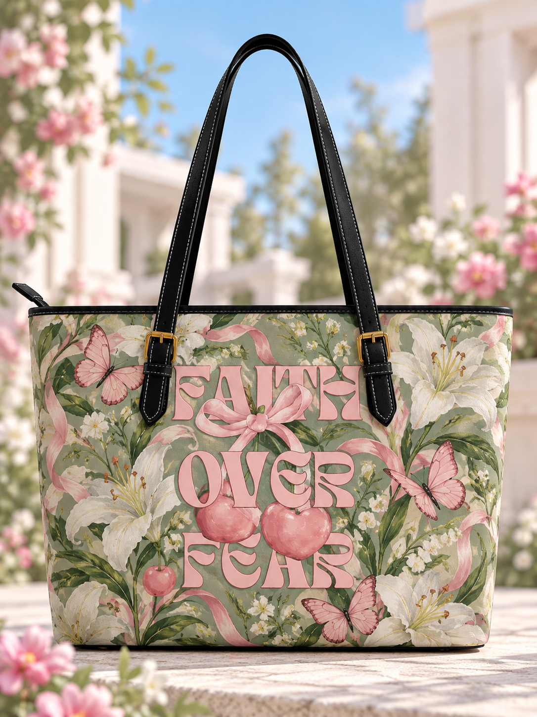 Faith Over Fear Pink Bow Lily Butterfly Saddle Bag