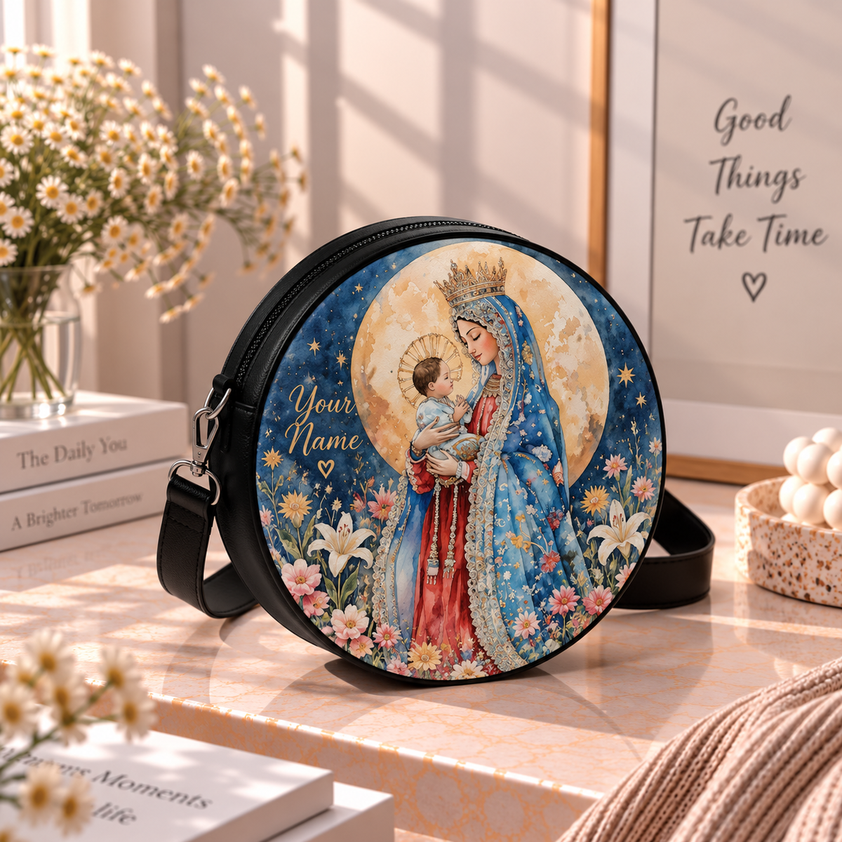 Personalized Virgin Mary and Child Floral Leather Round Bag