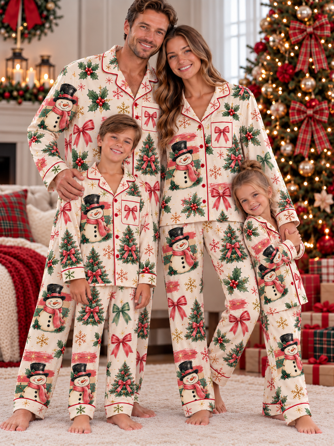 Snowman Christmas Bows Family Ice Silk Pajamas