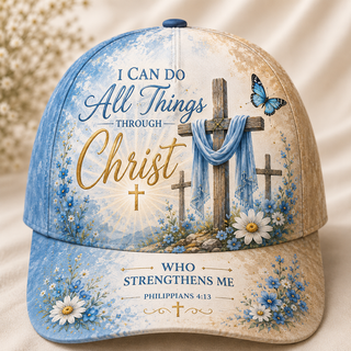 All Things Through Christ Calvary Blue Classic Cap