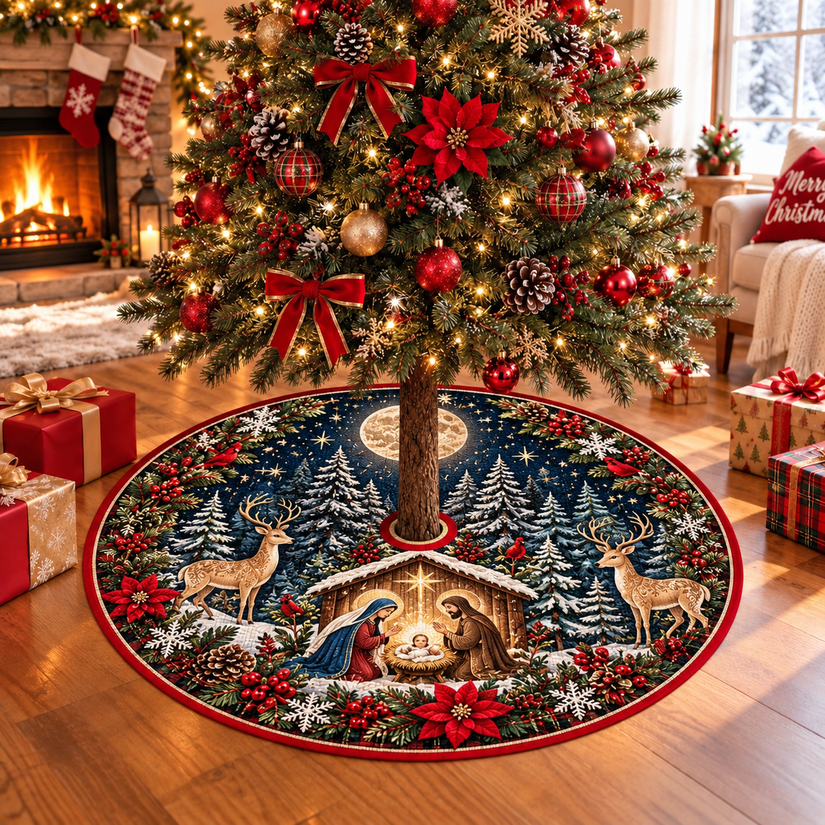 Moonlit Nativity Christmas Tree Skirt