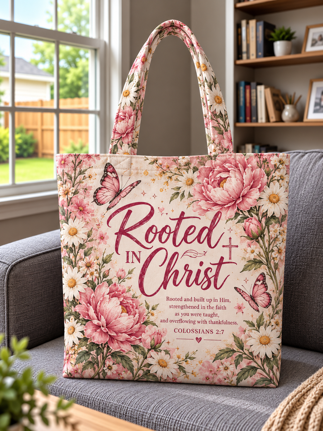 Rooted In Christ Pink Peony Daisy Butterfly Tote Bag