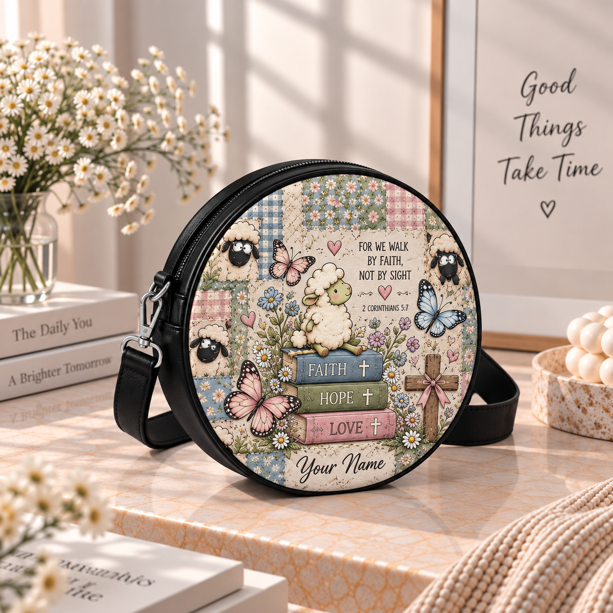 Personalized Sheep Walk by Faith Leather Round Bag