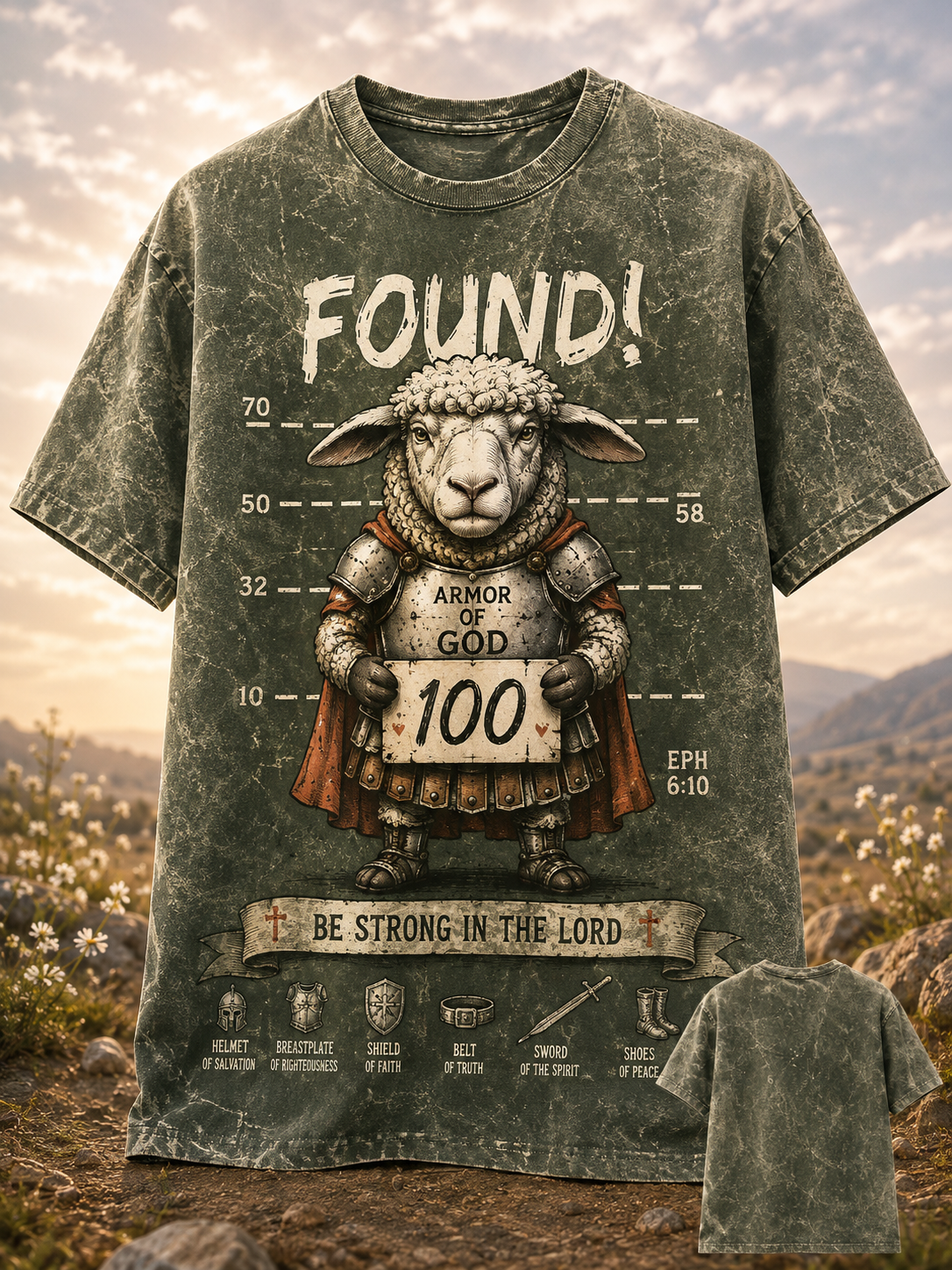 Found Armor of God Warrior Sheep Mugshot T-Shirt