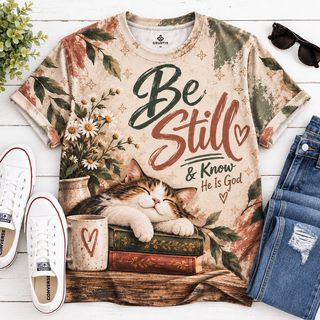 Be Still & Know He Is God | Sleeping Cat Floral All-Over Print Christian T-Shirt