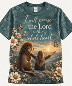 I Will Praise The Lord Psalm 111:1 Teal Lion Sunrise Christian T-Shirt
