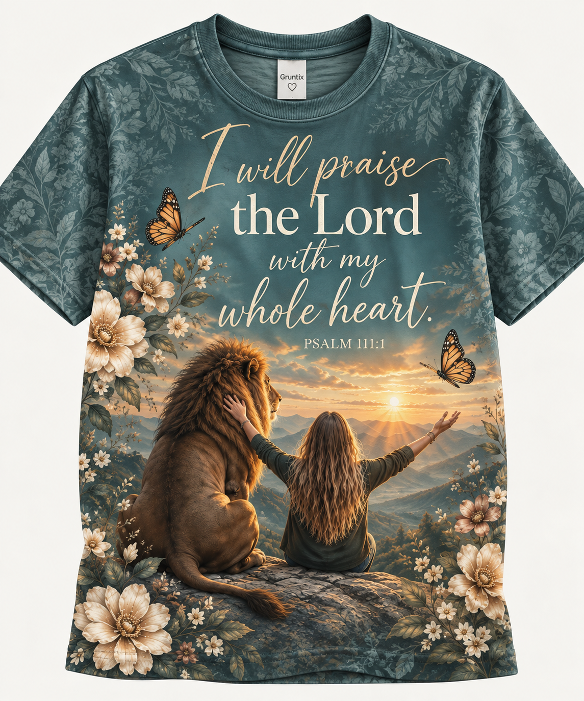 I Will Praise The Lord Psalm 111:1 Teal Lion Sunrise Christian T-Shirt