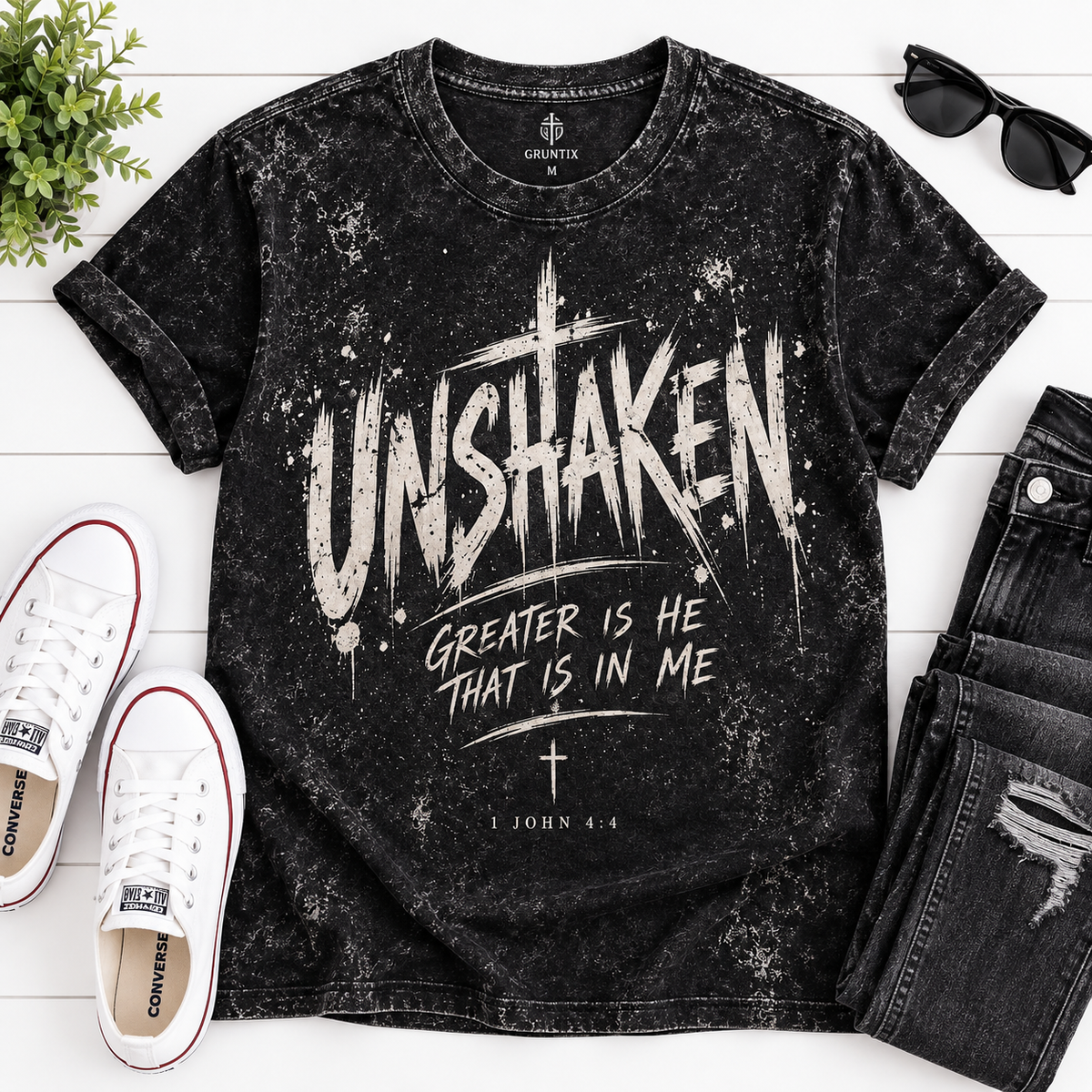Unshaken — Greater Is He That Is In Me | 1 John 4:4 Mineral Wash Christian T-Shirt