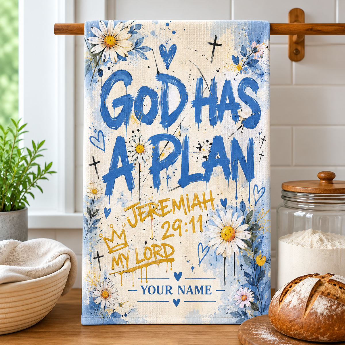 Personalized God Has A Plan Daisy Kitchen Towel