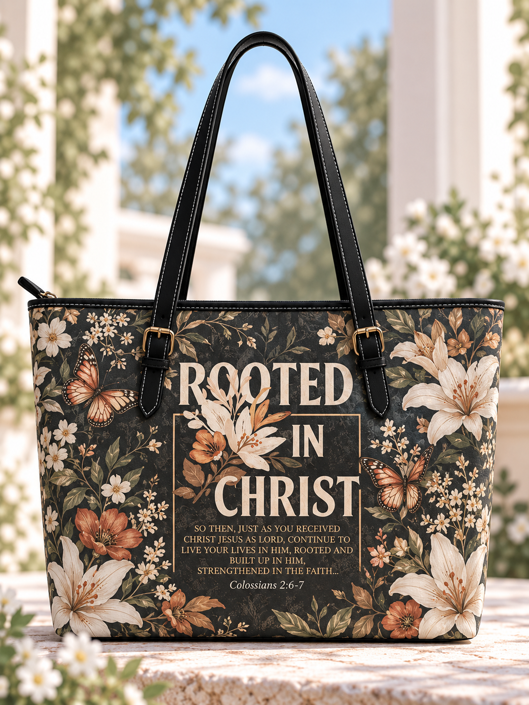 Rooted In Christ Black Lily Butterfly Saddle Bag
