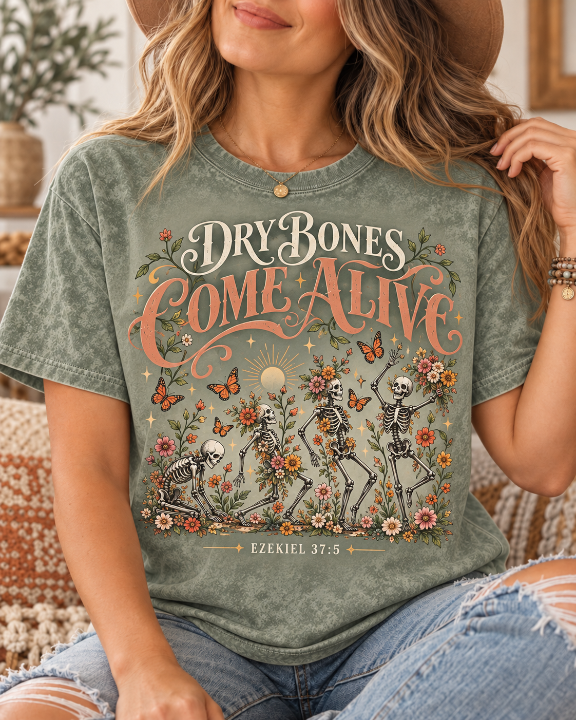 Dry Bones Come Alive Ezekiel 37:5 Floral Skeleton T-Shirt