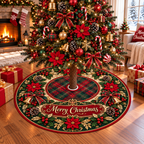 Merry Christmas Poinsettia Plaid Christmas Tree Skirt