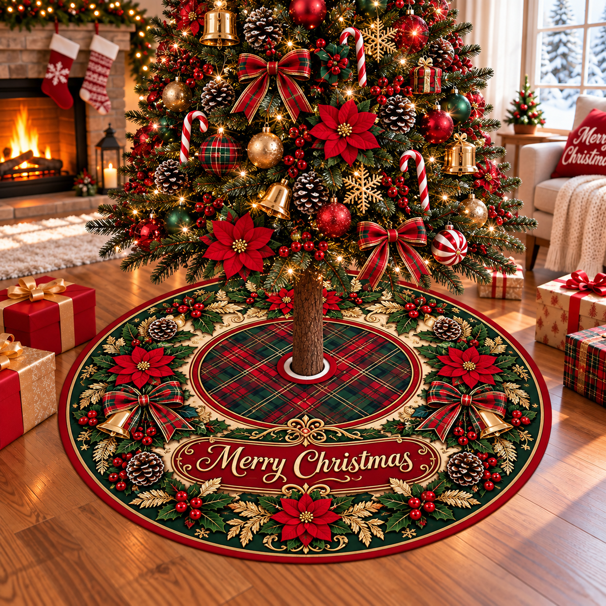Merry Christmas Poinsettia Plaid Christmas Tree Skirt