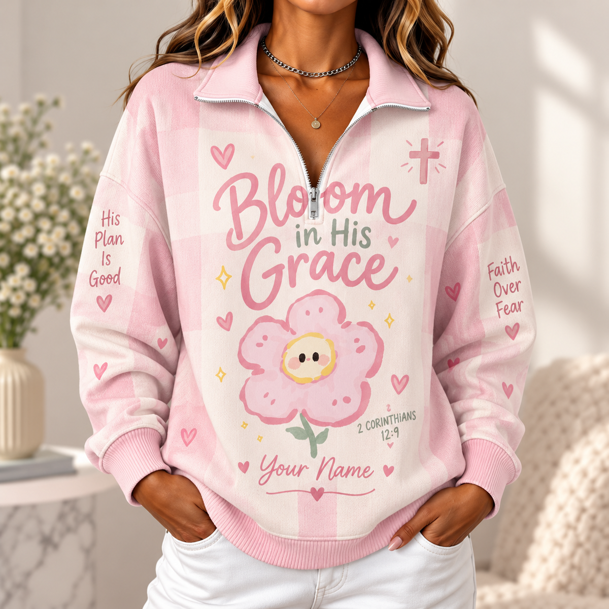 Personalized Smiling Pink Flower Women's Half-zip Sweatshirt NWY076