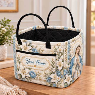 Personalized Blue Floral Lily Quilted Storage Basket