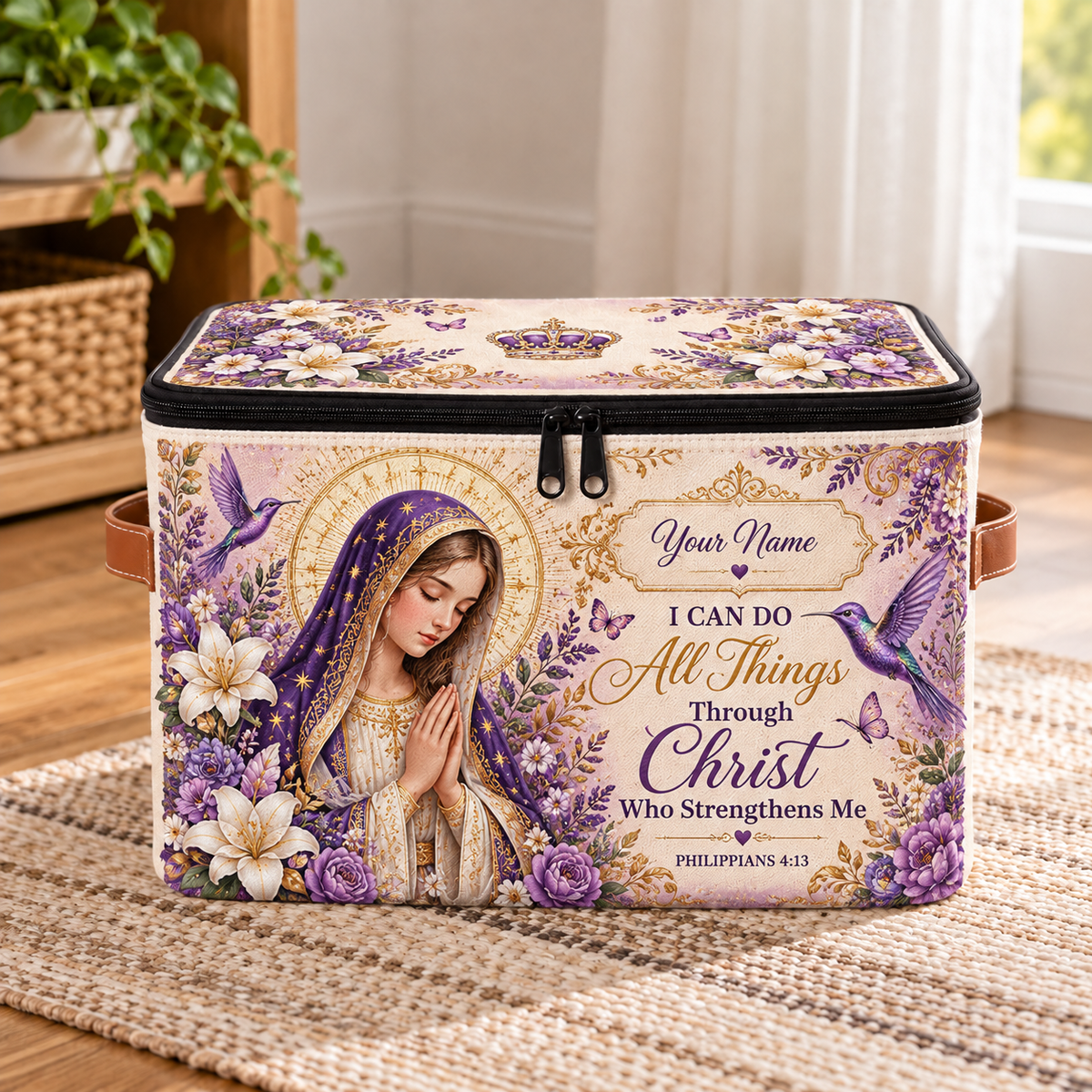 Personalized Purple Floral Square Storage Basket With Lid