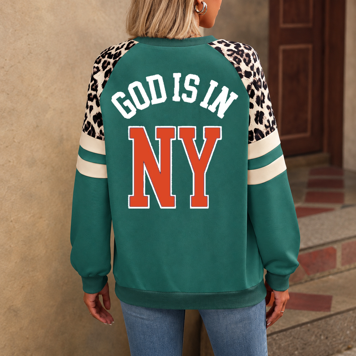 New York God Is In NY Leopard Sleeve Sweatshirt