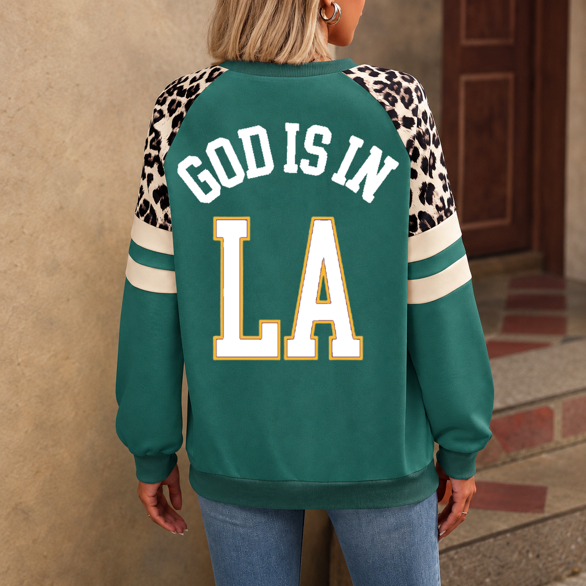 Los Angeles God Is In LA Leopard Sleeve Sweatshirt
