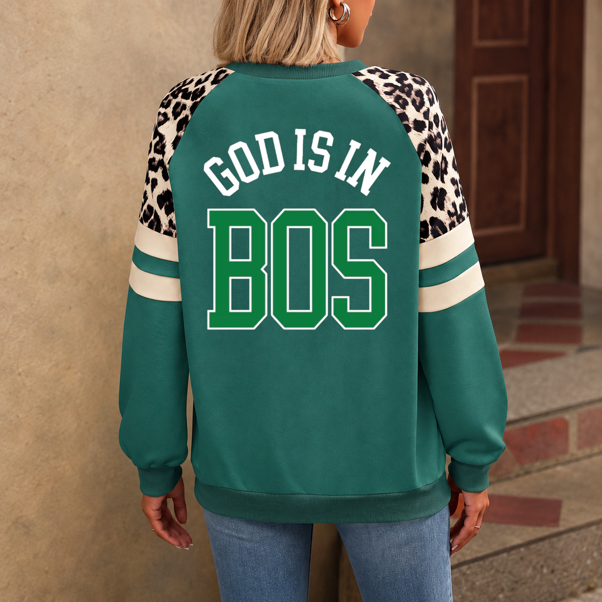 Boston God Is In BOS Leopard Sleeve Sweatshirt