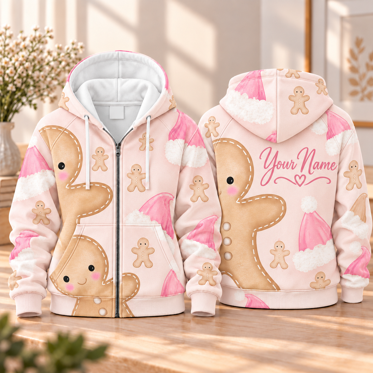 Personalized Pink Gingerbread Zip Hoodie