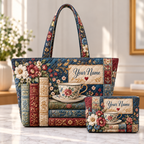 Personalized Books & Teacup Quilted Shoulder Bag & Storage Bag