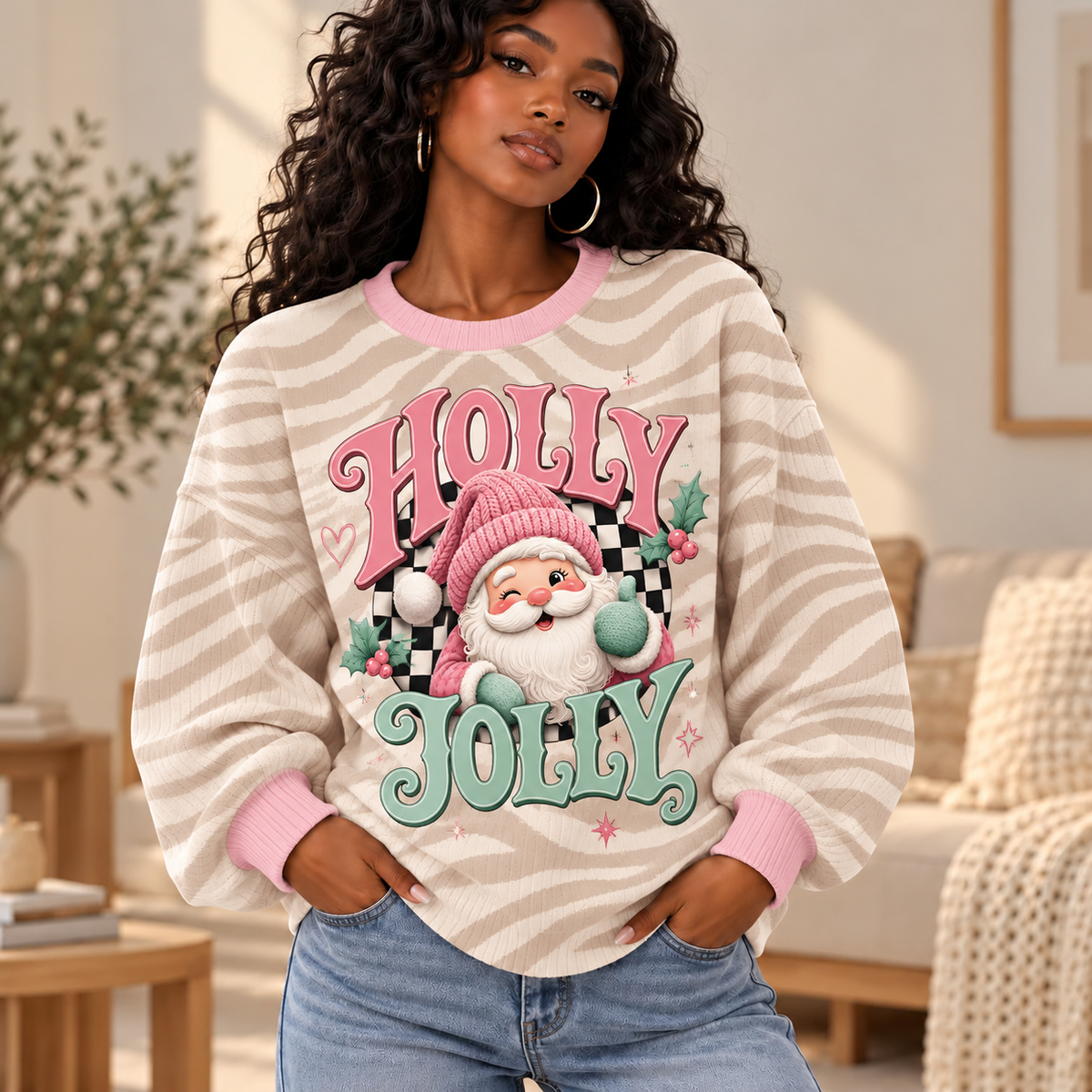 Holly Jolly Pink Santa Waffle Sweatshirt