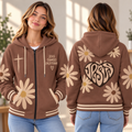 Brown Daisy Heart Zip-up Baseball Jacket