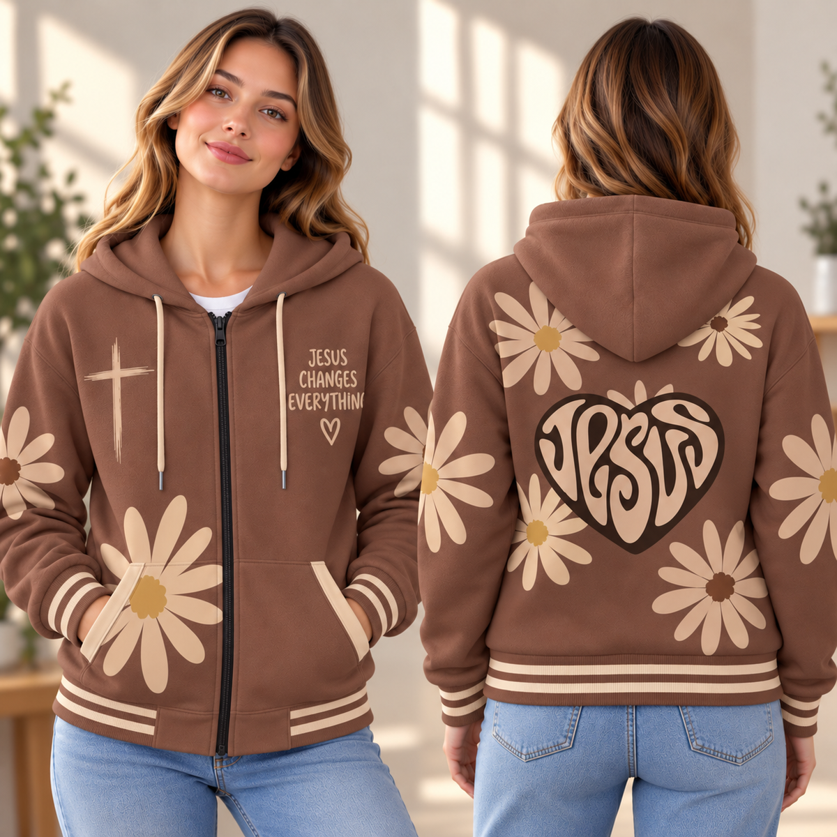 Brown Daisy Heart Zip-up Baseball Jacket