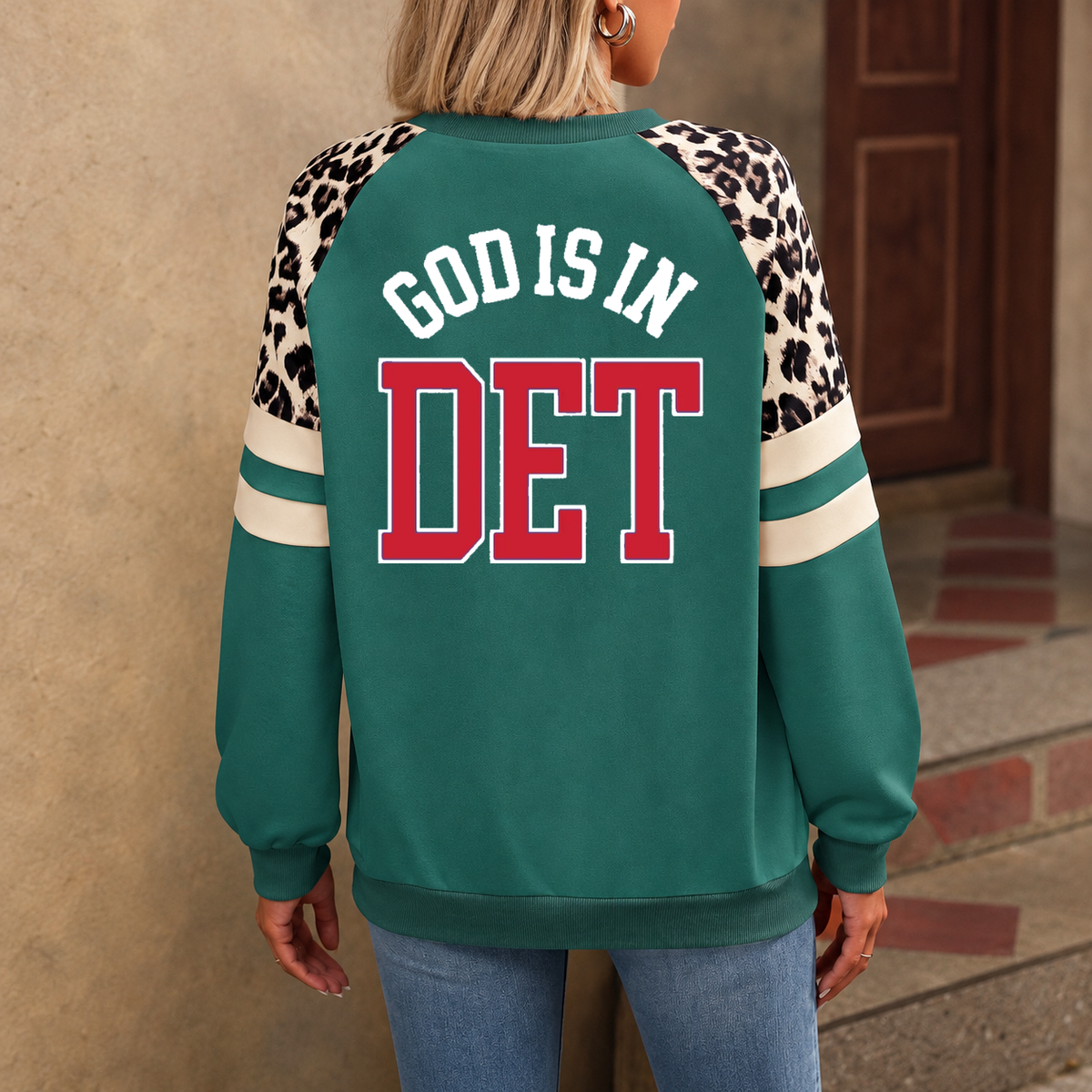 Detroit God Is In DET Leopard Sleeve Sweatshirt
