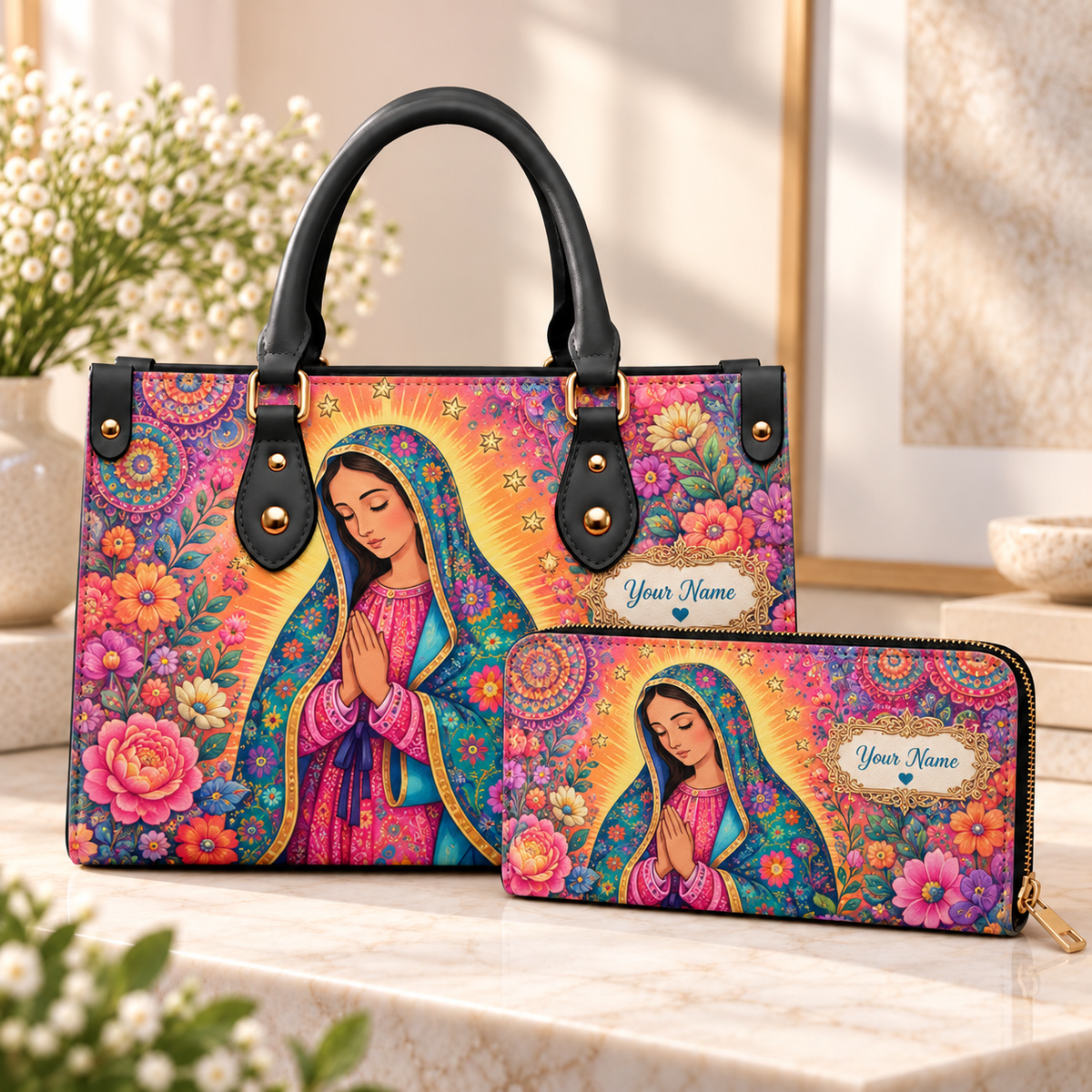 Personalized Vibrant Floral Woman PU Leather Handbag & Leather Long Wallet