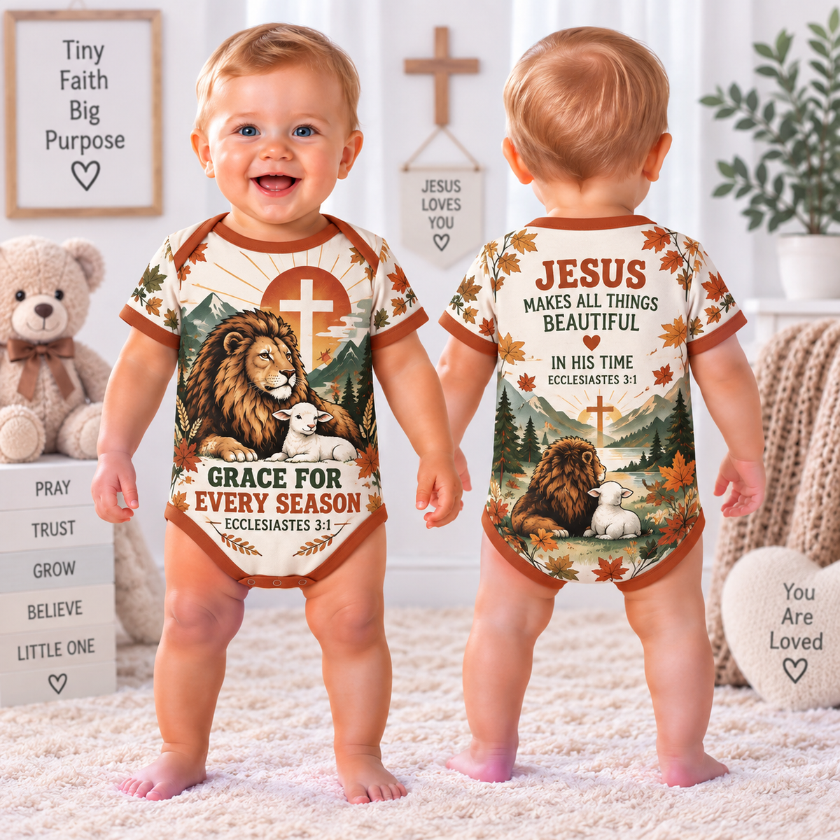 Front and back baby bodysuit with lion and lamb autumn mountain scene and Grace For Every Season text