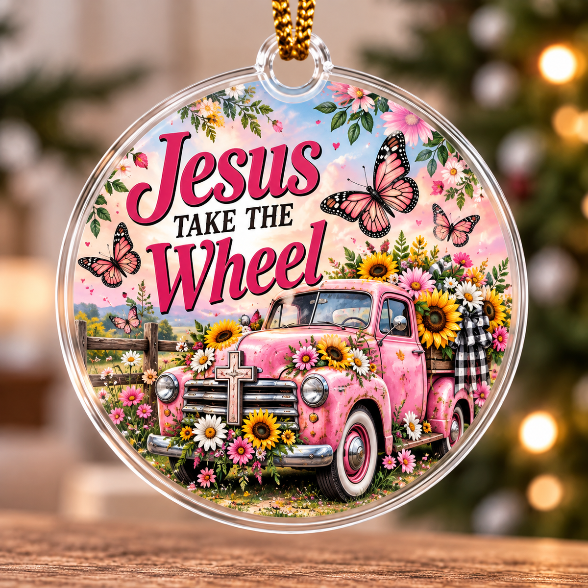 Jesus Take The Wheel Pink Truck Sunflower Ornament