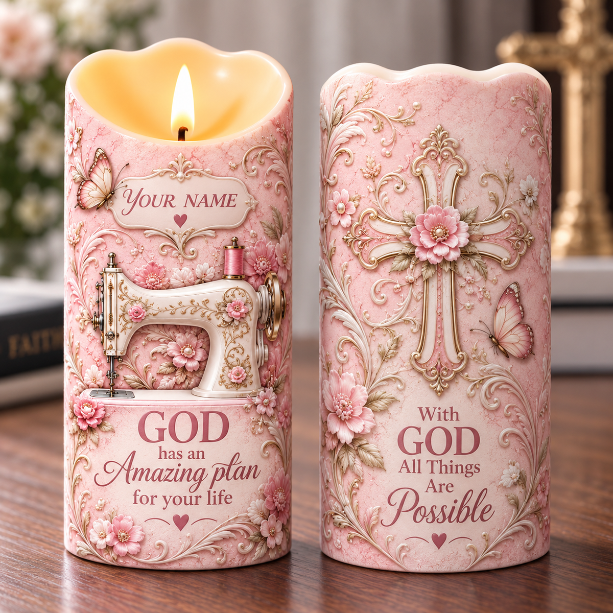 Personalized Floral Sewing Machine Flameless LED Candle