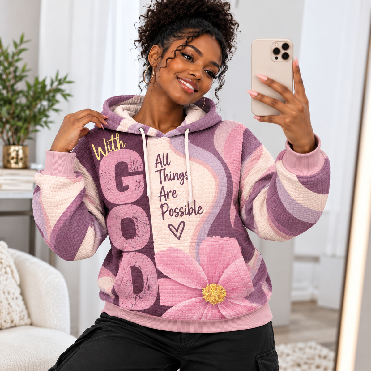 Mauve Pink Floral Waffle Hoodie