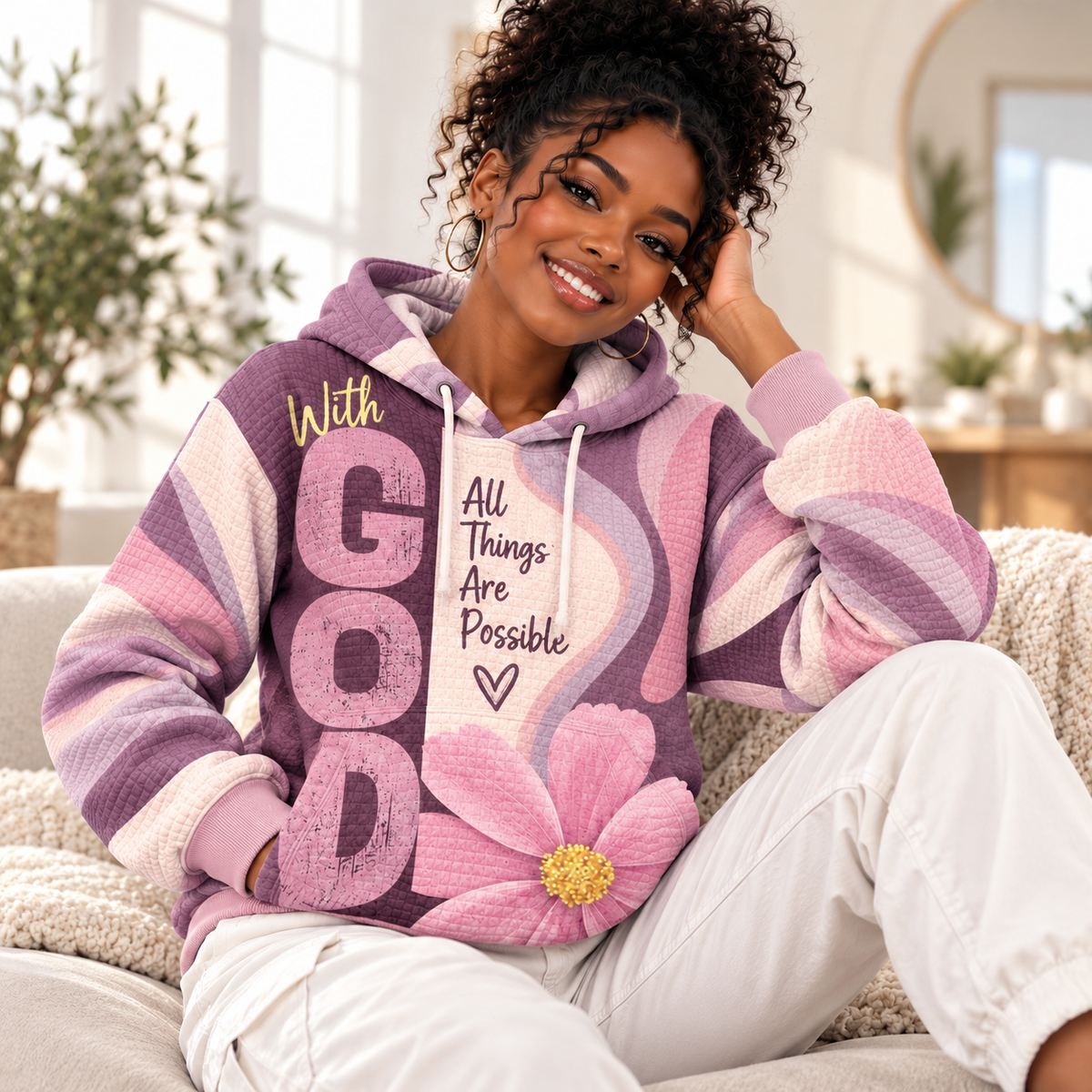 Mauve Pink Floral Waffle Hoodie
