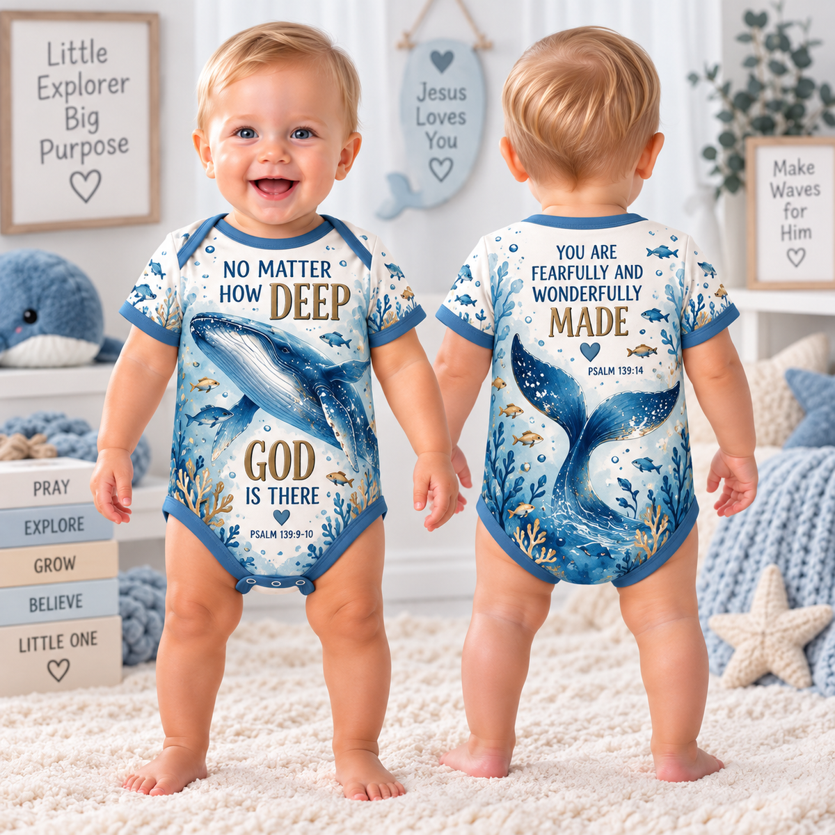 Baby bodysuit front and back with blue whale and No Matter How Deep God Is There text