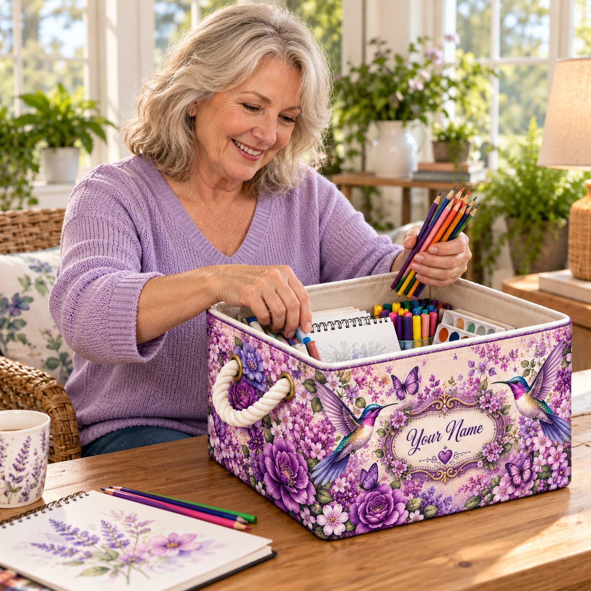 Personalized Purple Hummingbird Floral Storage Basket