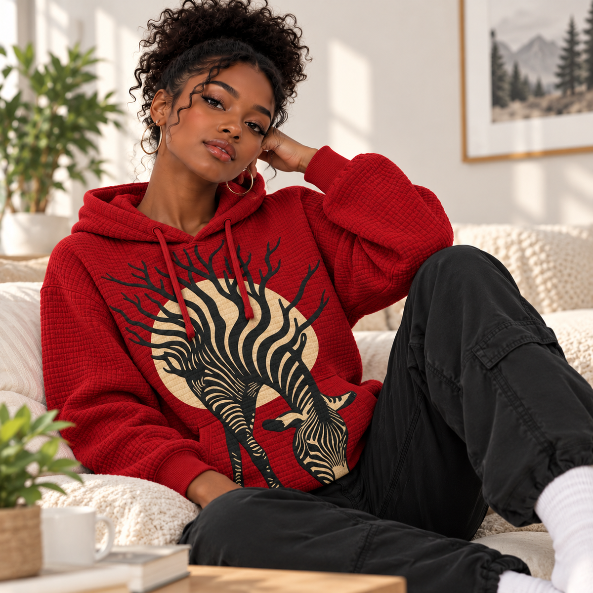 Red Zebra Tree Waffle Hoodie