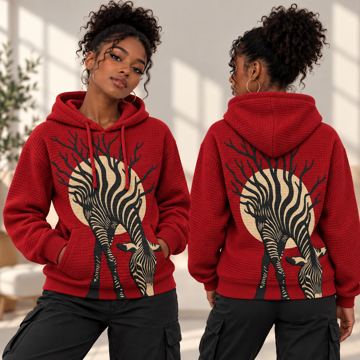 Red Zebra Tree Waffle Hoodie