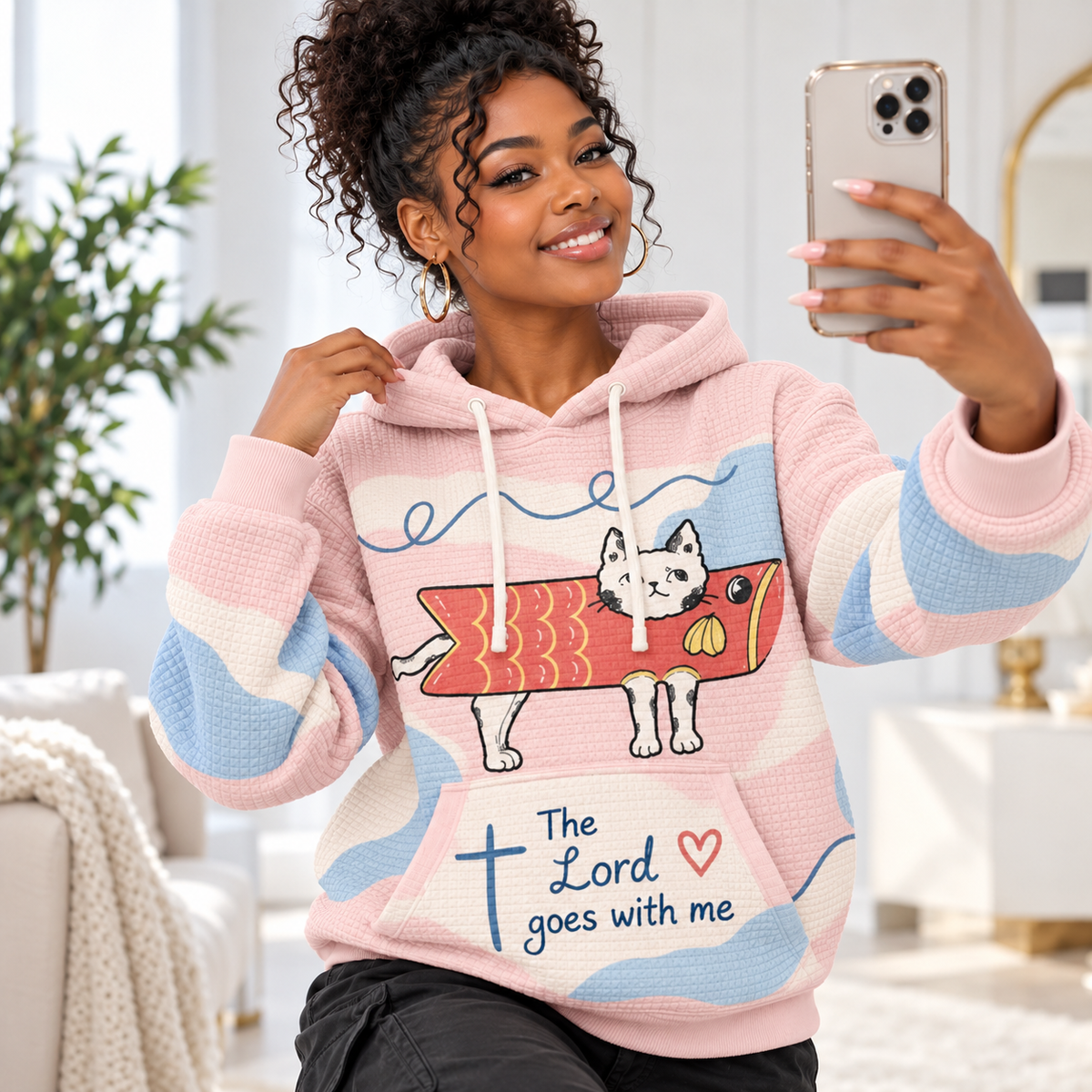 Cat in Fish Costume Waffle Hoodie