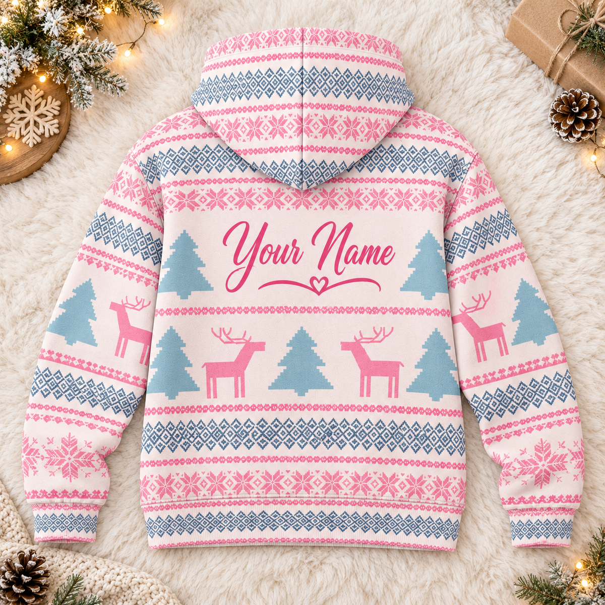 Personalized Pink Reindeer Nordic Zip Hoodie