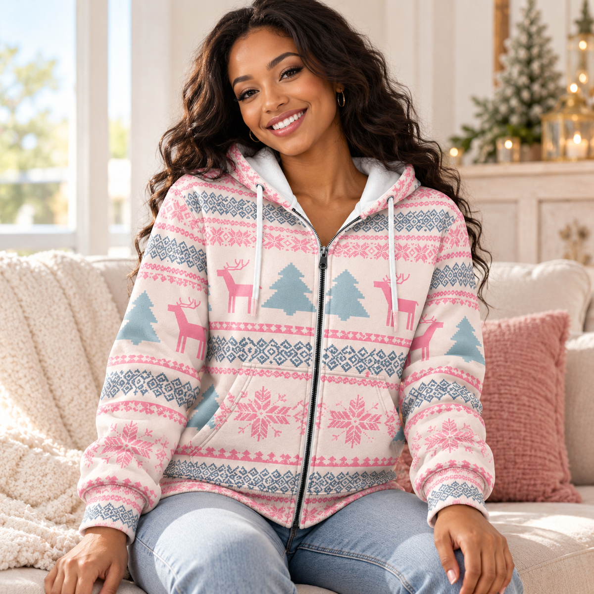 Personalized Pink Reindeer Nordic Zip Hoodie
