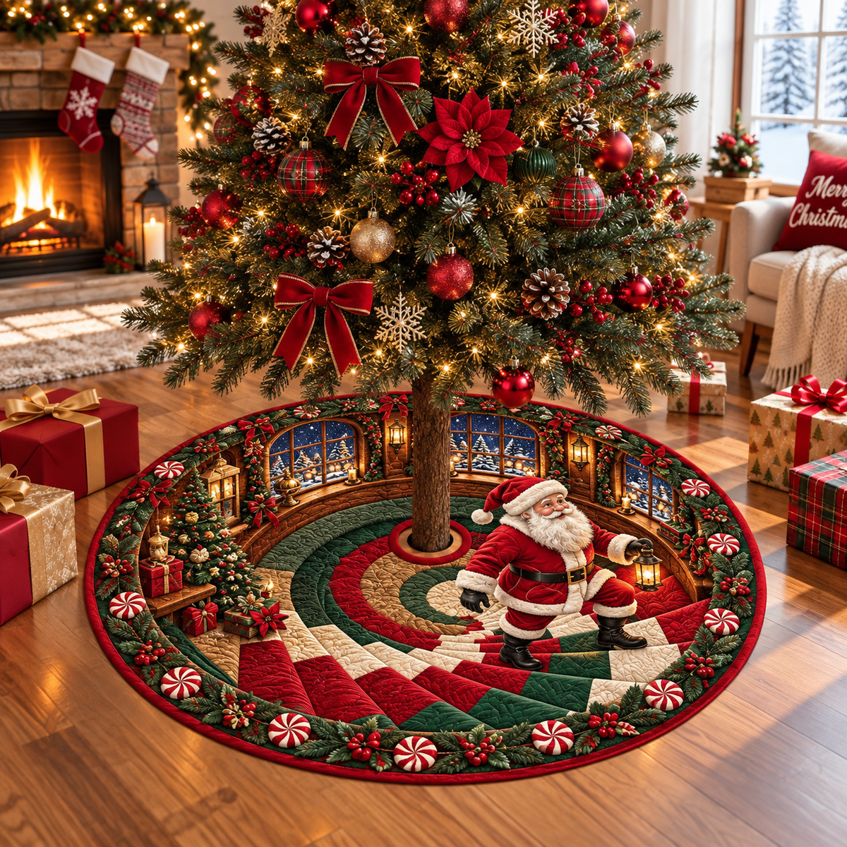 Santa Lantern Patchwork Christmas Tree Skirt