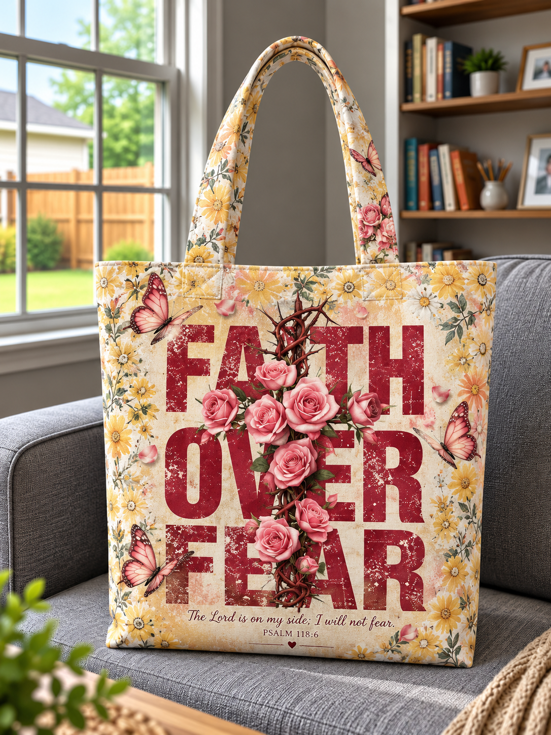 Faith Over Fear Pink Rose Thorn Cross Tote Bag
