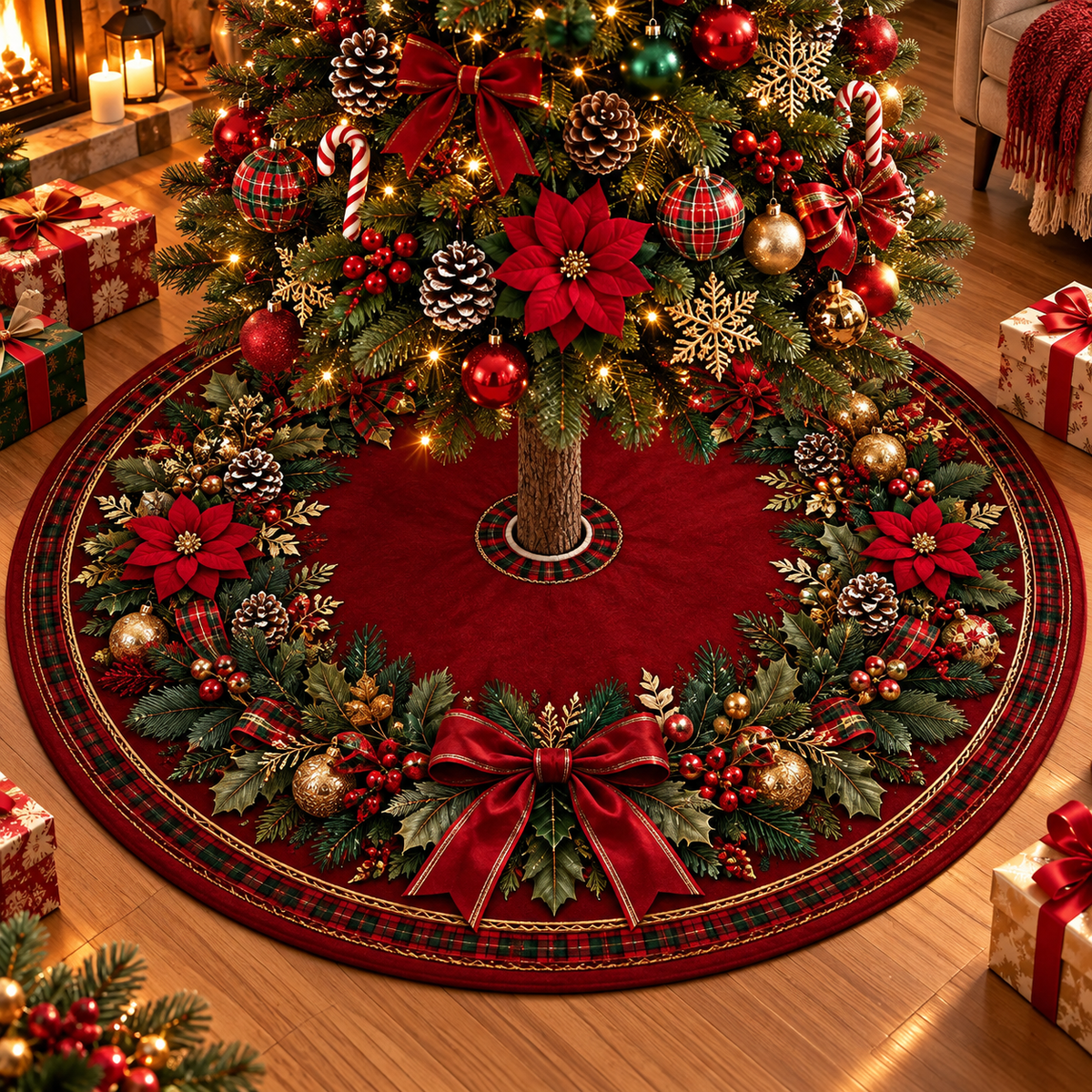 Poinsettia Wreath Christmas Tree Skirt