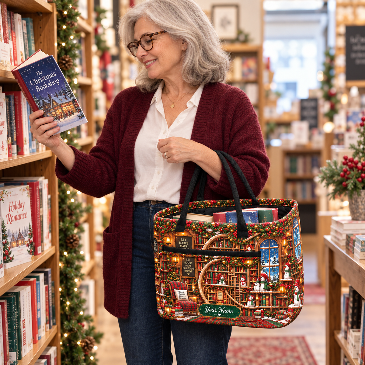 Personalized Cozy Winter Library Quilted Storage Basket