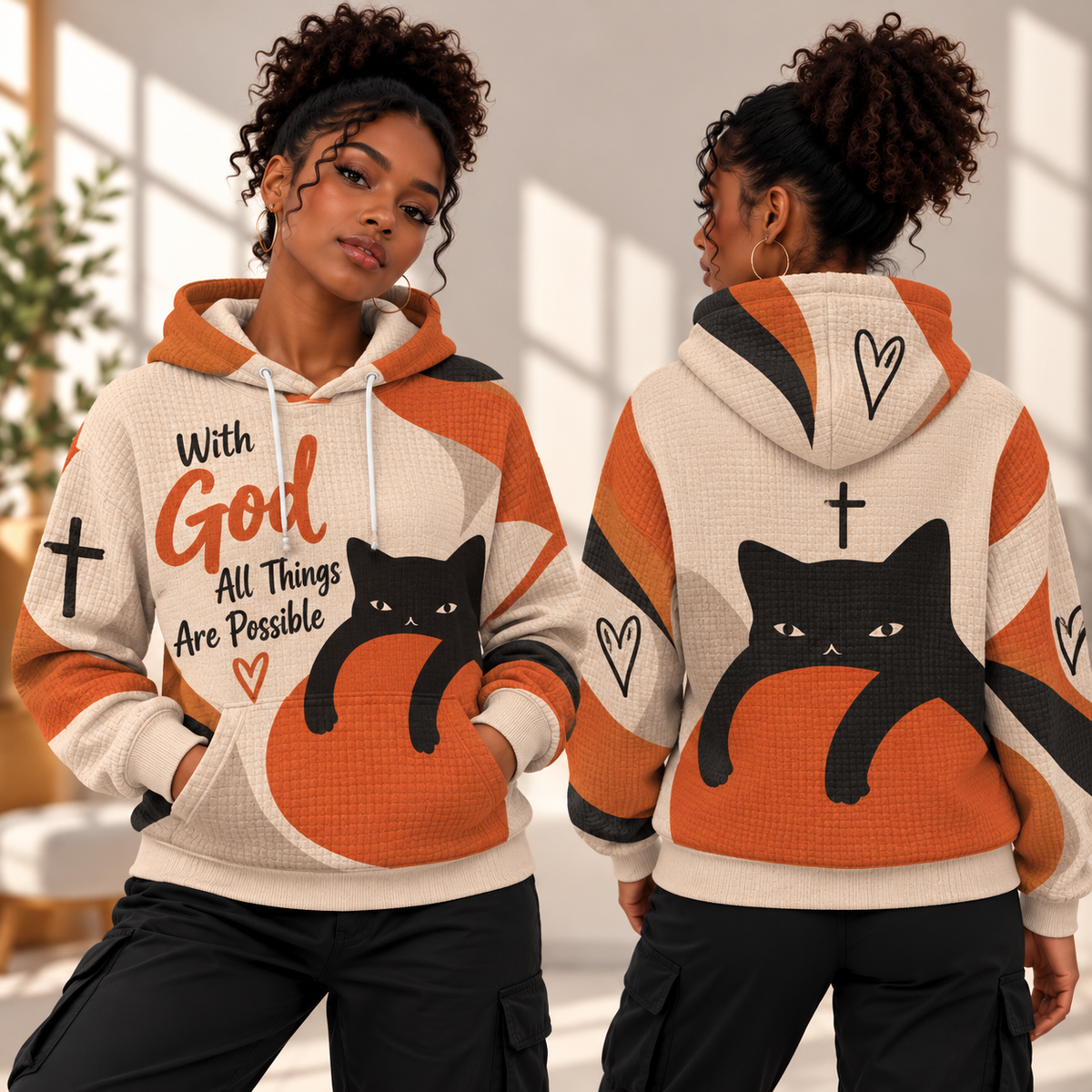 Orange Black Cat Waffle Hoodie