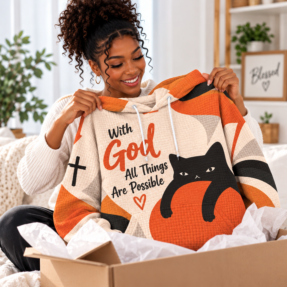 Orange Black Cat Waffle Hoodie