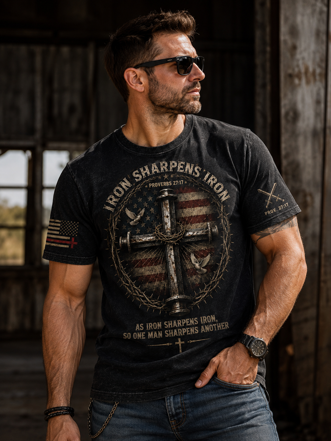 Iron Sharpens Iron T-Shirt – Proverbs 27:17 Armor of God Patriotic Christian Shirt for Men