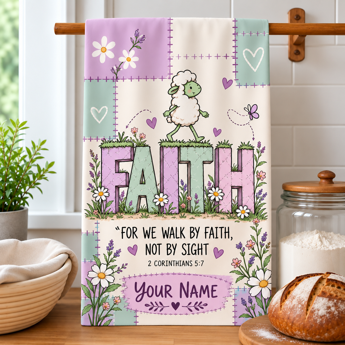 Personalized Walk By Faith Sheep Kitchen Towel